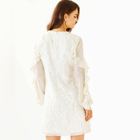 LILLY PULITZER | Belle Flounce Coconut Fish Clip Chiffon silk dress gold size 2 - Picture 8 of 9